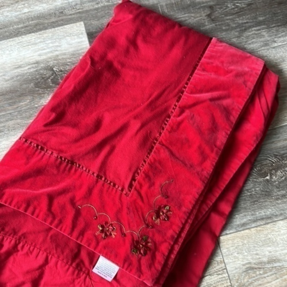 Hobby Lobby tablecloth red faux velvet soft 8 ft x 4.5 ft embroidered